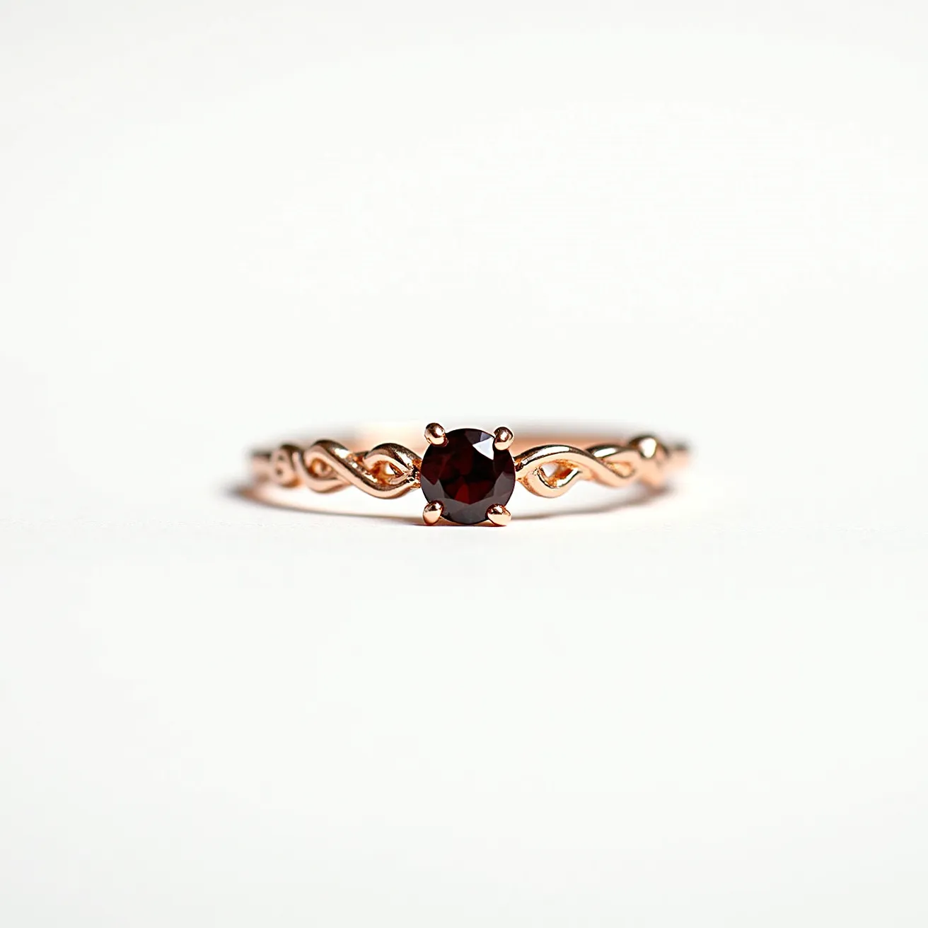 This garnet engagement ring features a deep red round-cut garnet gem prominently set in a delicate prong setting. The band is crafted from rose gold, showcasing a beautifully intricate, twisted design that adds an elegant and romantic touch to the piece. The combination of the garnet's rich hue and the warm luster of the rose gold creates a harmonious and timeless aesthetic. This elegant ring is designed to gracefully accentuate the garnet's natural beauty, making it a captivating choice for an engagement ring.