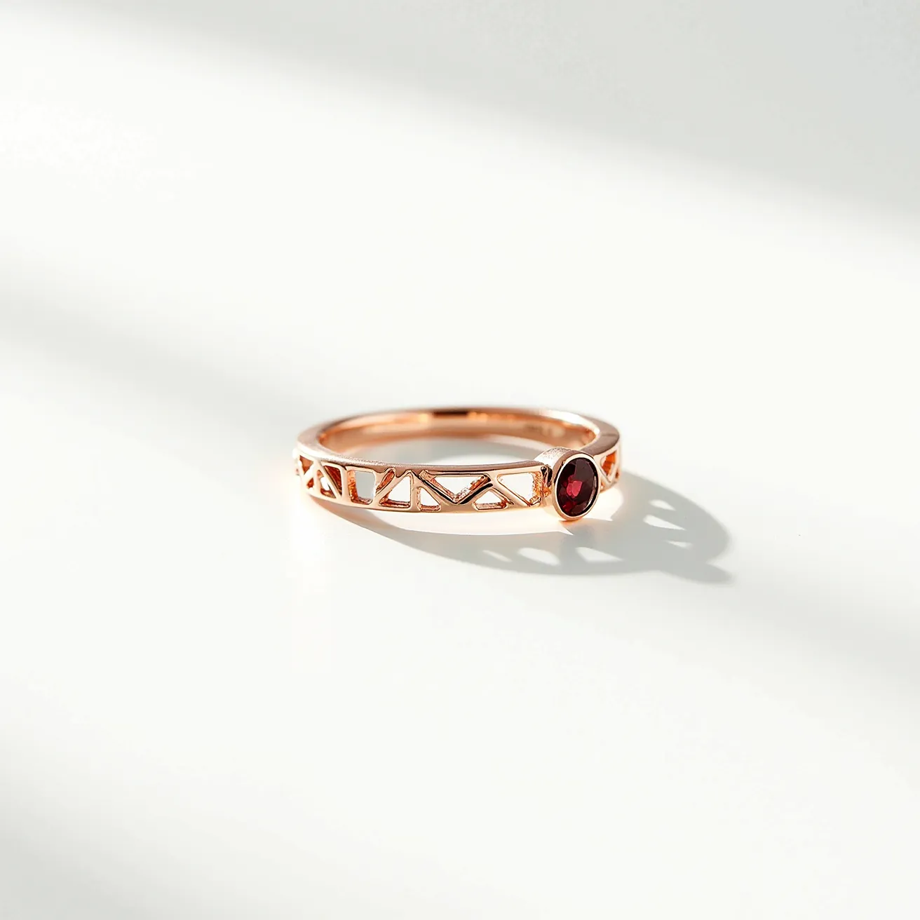 This garnet ring features a delicate band crafted from rose gold, adorned with a small, round-cut garnet set in a bezel setting. The band showcases intricate geometric cut-out patterns, adding an elegant and modern touch to the overall design. The warm hue of the rose gold beautifully complements the deep red color of the garnet, creating a harmonious combination. This design is both sophisticated and understated, making it a versatile piece for various occasions.