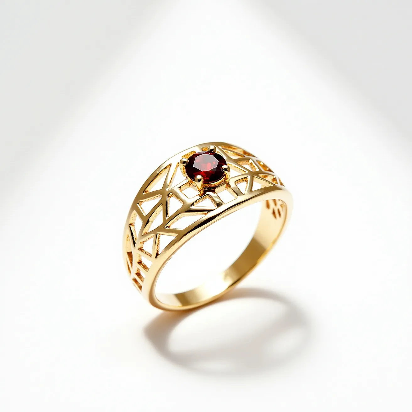 This garnet ring features a striking round-cut garnet set in a four-prong setting, which secures the gemstone elegantly at the center. The band is crafted from yellow gold, intricately designed with an openwork pattern that adds a modern and artistic element to the overall design. The gold band enhances the rich, deep red hue of the garnet, creating a striking contrast. The ring boasts a classic and sophisticated look, combining the timeless beauty of the garnet with a contemporary twist through its detailed craftsmanship.