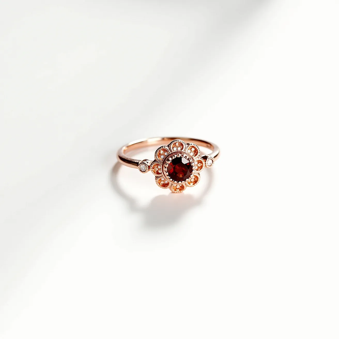 This garnet ring features a beautifully faceted round garnet gemstone set at its center, which is enclosed in a delicate halo of smaller round diamonds, enhancing its deep red hue. The band appears to be made of a rose gold material that complements the rich color of the garnet while providing a warm glow. The ring's setting includes intricate detailing around the halo, demonstrating skilled craftsmanship. Additionally, the band includes accent diamond stones set on either side of the central design, adding extra brilliance to the piece. The ring's elegant design and choice of materials make it a striking accessory.