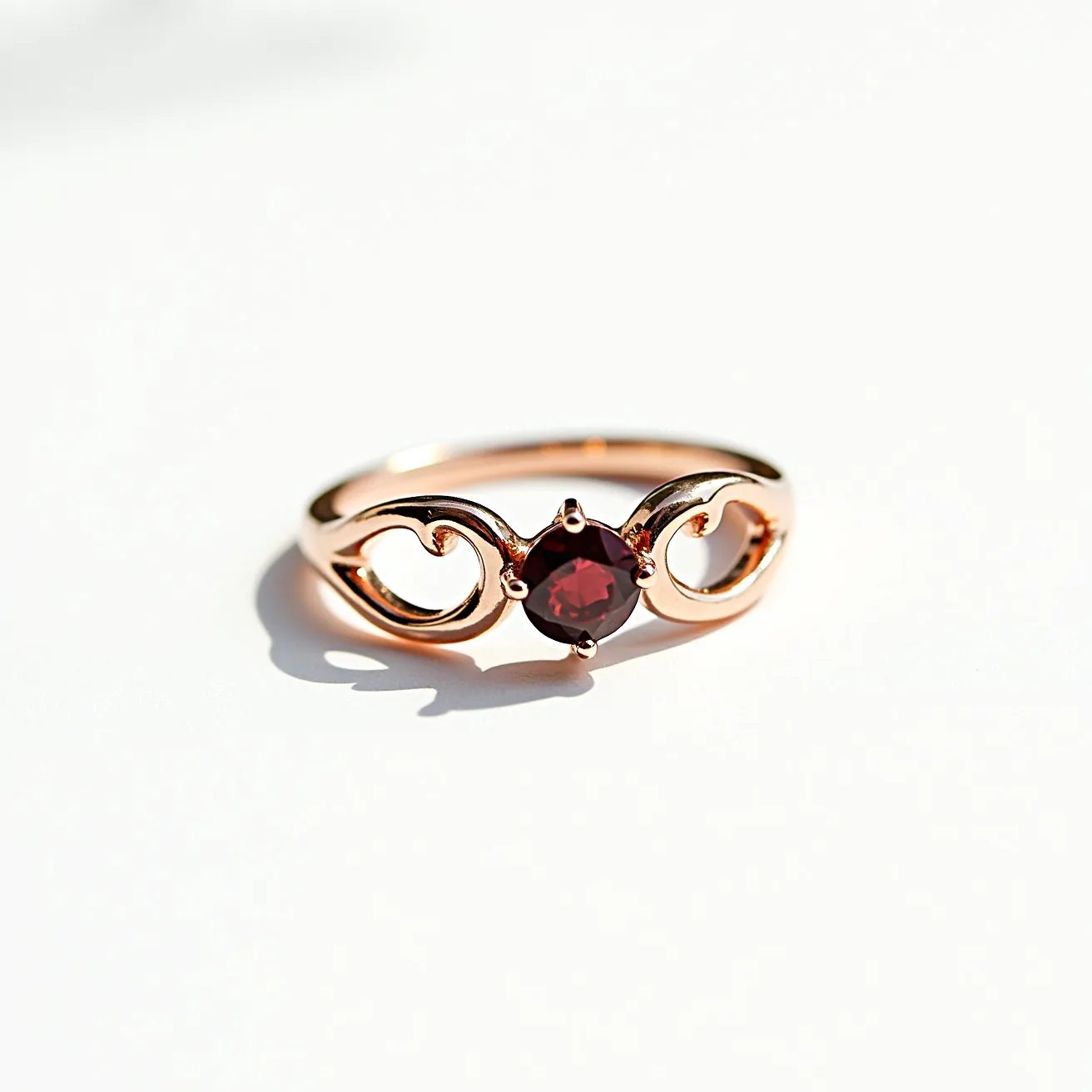 This garnet ring features a deep red, round-cut garnet gemstone set in a delicate, polished gold band. The stone is held securely with four prongs in a classic setting that highlights its rich color and clarity. The band itself incorporates elegant, flowing designs on either side of the garnet, adding a graceful and sophisticated touch to the overall look. The combination of the gemstone with the warm tones of the gold creates a timeless and refined piece of jewelry.