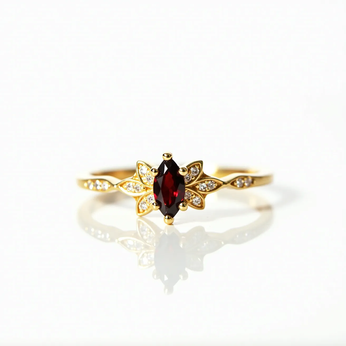 This garnet wedding ring features a stunning marquise-cut garnet as its centerpiece, beautifully set in a floral design. The band is crafted from a rich, gold-toned metal, which enhances the vivid red of the garnet. Surrounding the central stone are small, round cut gemstones, likely diamonds or cubic zirconia, arranged to form petal-like accents that complement the marquise cut. The gemstones are securely held in place with prongs, ensuring both elegance and durability. The band itself includes additional small stones set into the metal, adding a continuous sparkle and completing the ring's ornate appearance.