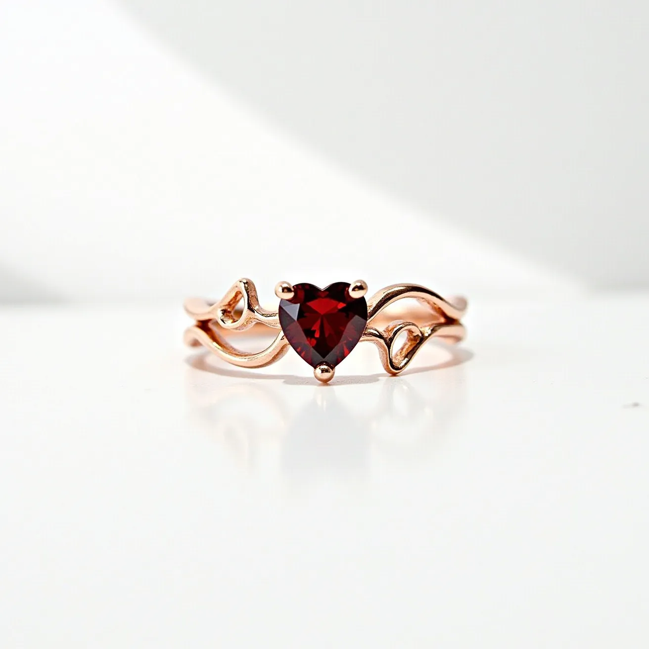 This garnet wedding ring features a heart-shaped garnet stone as its centerpiece, set in a delicate prong setting. The band is crafted from a warm-toned metal, likely rose gold, and showcases an elegant, flowing design that wraps around the finger. The intricate openwork pattern of the band complements the romantic theme of the heart-cut garnet, creating a harmonious and visually appealing piece. The ring does not appear to have a clasp, as it is a continuous band designed to slip onto the finger easily.