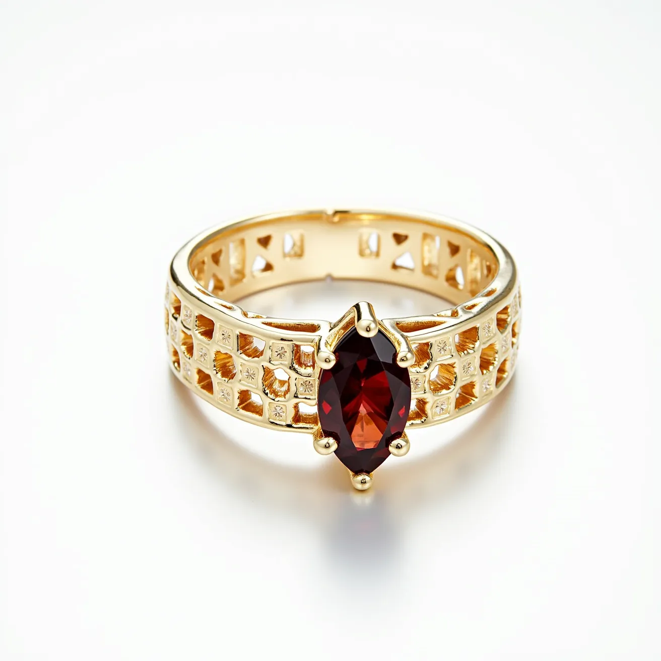 This garnet wedding ring features a central marquise-cut garnet set in a prominent prong setting, which draws attention to its deep red hue. The band is crafted from gold, adding a luxurious shine that complements the garnet's color. Surrounding the main stone are smaller, square clear gemstones set into the gold band in a geometric pattern, enhancing the ring's intricate design. The open lattice work along the band allows light to pass through, giving it an airy and elegant appearance.