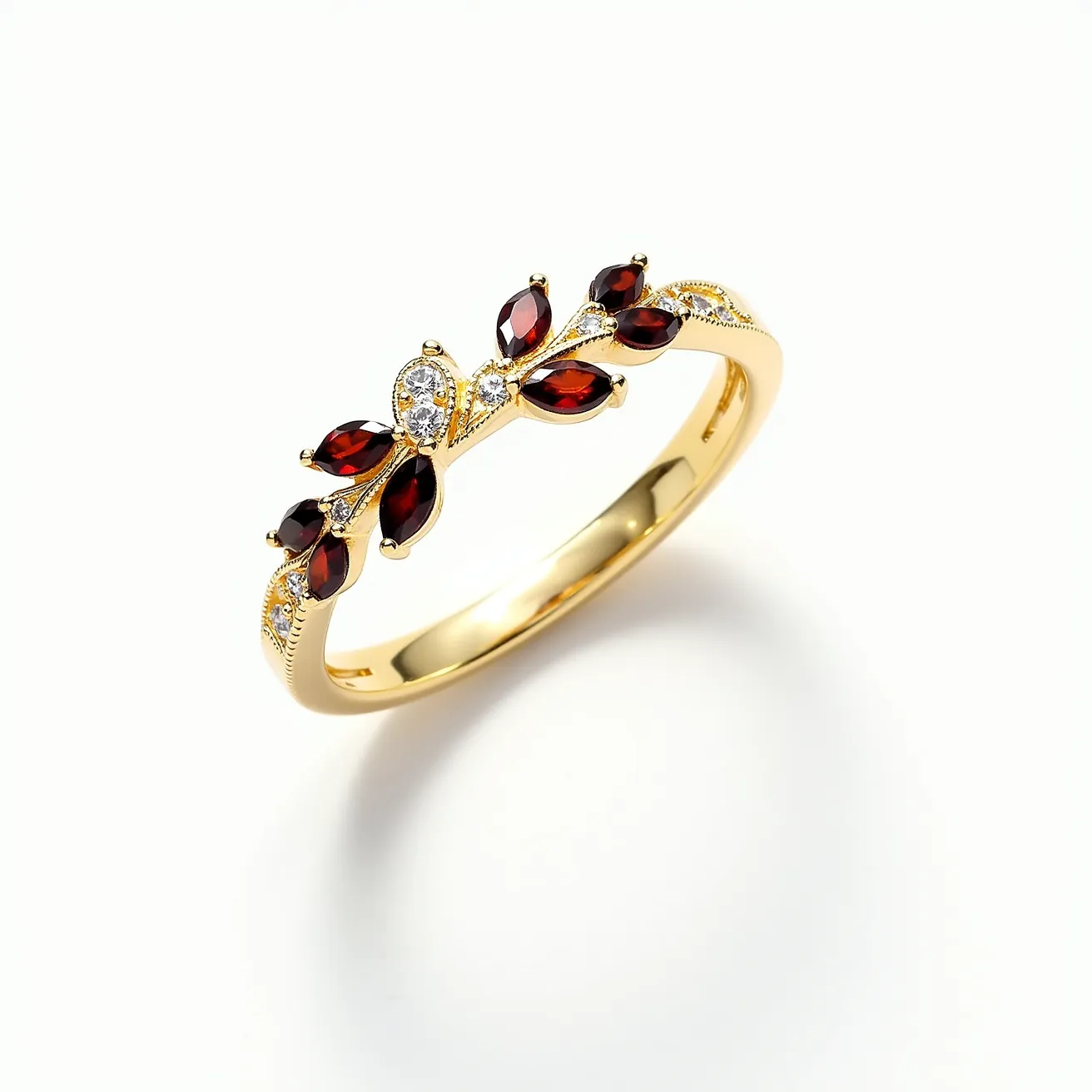 This garnet wedding ring features a beautifully crafted gold band adorned with deep red garnet stones intricately set in a delightful floral pattern. The garnets are cut in a marquise shape, which complements the ring's elegant and sophisticated design. Accompanying the garnets are small round-cut diamonds, adding sparkle and contrast to the richness of the garnets. The gemstones are securely fastened with a prong setting, ensuring their stability and prominence on the band. Overall, this ring encapsulates a harmonious blend of rich colors and refined craftsmanship, making it a striking choice for a wedding band.