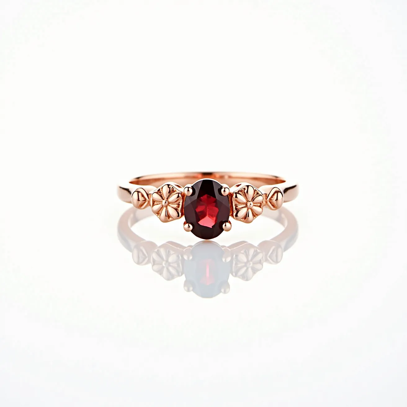 This garnet wedding ring features a central oval-cut garnet, showcasing a deep red hue. The stone is set in a rose gold band, accented with floral motifs on either side, which are intricately designed to enhance the ring's elegance. The garnet is secured with a classic prong setting, providing both durability and style. The combination of the warm rose gold and the rich color of the garnet creates a vintage-inspired aesthetic, perfect for a wedding ring.