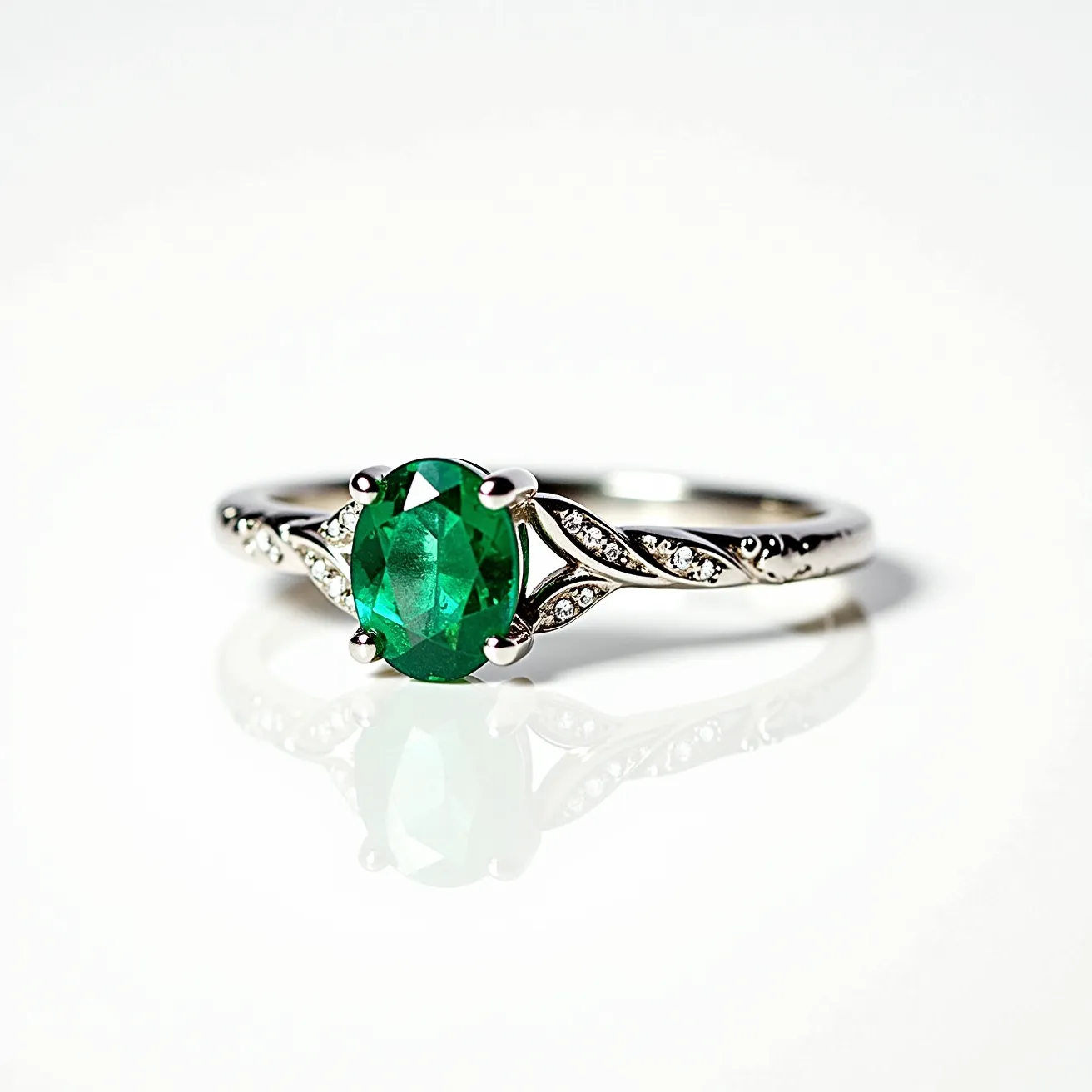 This gemstone engagement ring features a prominent oval-cut green gemstone set in a secure four-prong setting, likely showcasing an emerald as the centerpiece. The band appears to be crafted from a polished white metal, possibly platinum or white gold, which complements the vibrant green of the gemstone. The design is further enhanced by small round diamonds arranged in a delicate, entwined pattern along the band, adding a touch of elegance and sparkle. These diamonds are set using a pave style, which enhances the intricate design without overpowering the central emerald.