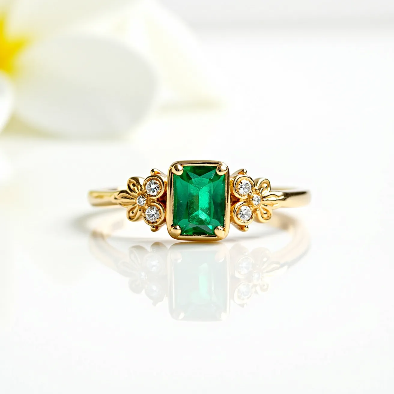 This gemstone engagement ring showcases a striking, emerald-cut green gemstone as the centerpiece, set in a warm gold band. Accompanying the main gem, there are two clusters of smaller round diamonds on either side, adding brilliance and contrast. The gold band features delicate floral motifs adjacent to the diamonds, enhancing the ring’s elegant design. The setting is crafted to securely hold the central stone, complementing its vibrant color and sophisticated cuts.