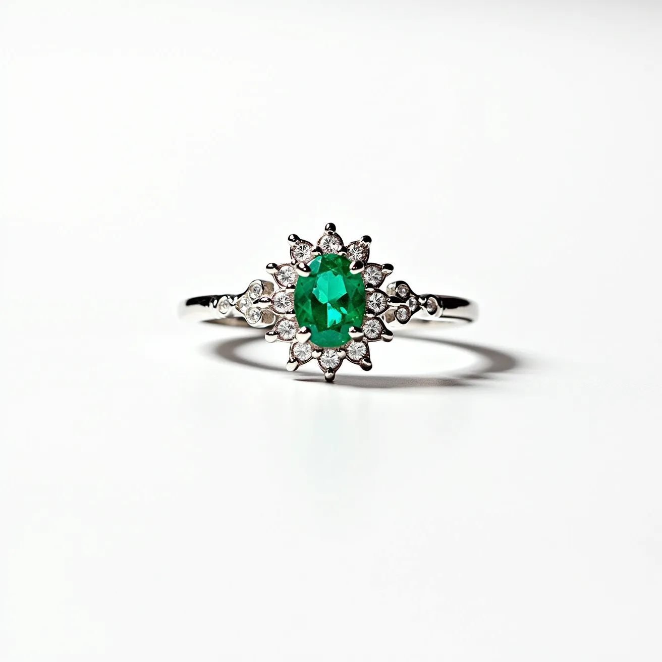 This gemstone engagement ring features a striking oval-cut green emerald set at its center, encircled by a halo of small round brilliant-cut diamonds that enhance its brilliance. The emerald is securely held in place by a classic prong setting, which elevates the stone and allows light to pass through for maximum sparkle. The band of the ring appears to be made from polished white metal, likely platinum or white gold, lending a timeless and elegant touch. Decorative diamond accents extend along the band, adding an extra layer of sophistication and luxury to the overall design.