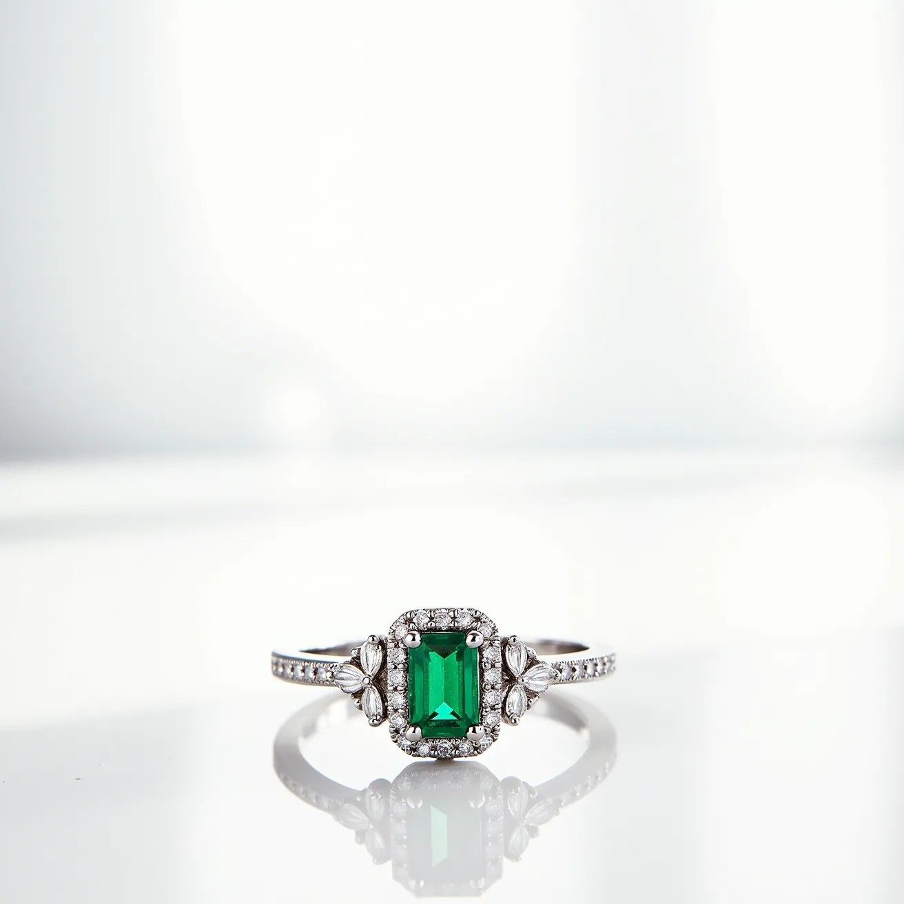 This gemstone engagement ring showcases a striking emerald-cut green gemstone set in the center. It is surrounded by a halo of small, sparkling diamonds, adding a layer of brilliance and sophistication. On either side of the central stone are marquise-cut diamond accents, elegantly enhancing the overall design. The band is crafted from a metallic material, likely white gold or platinum, and is adorned with additional small diamonds, providing extra sparkle and elegance. The setting is carefully designed to securely hold the gemstones, ensuring durability and style for everyday wear.