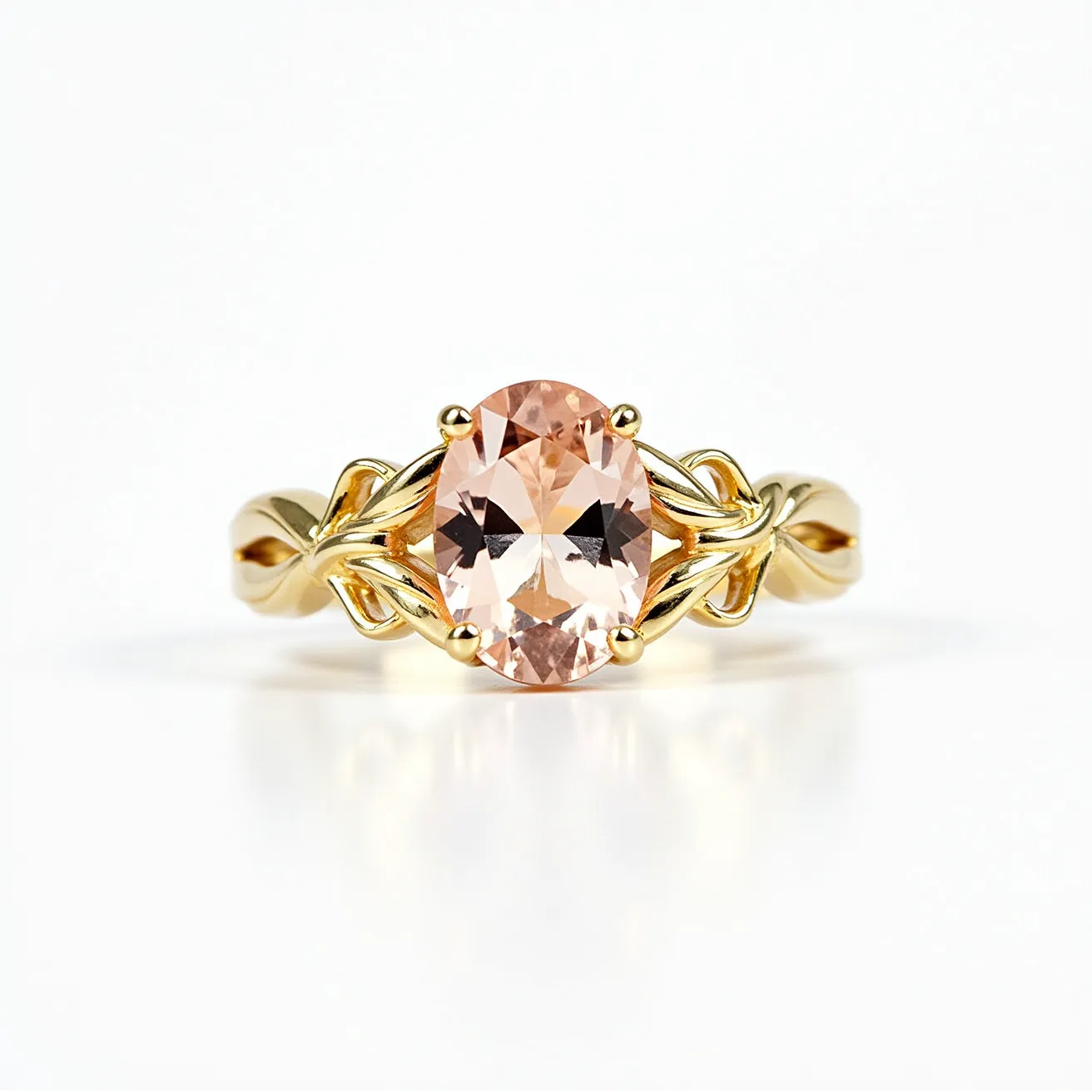 This gemstone engagement ring features a prominent oval-cut morganite at its center, exuding a soft peachy-pink hue. The stone is elegantly set in a four-prong setting, ensuring stability and showcasing its brilliance. The band is crafted from gold, intricately designed with an intertwining pattern that adds an element of sophistication and allure. The craftsmanship highlights the harmonious blend of elegance and modern style, making it a captivating piece of jewelry.