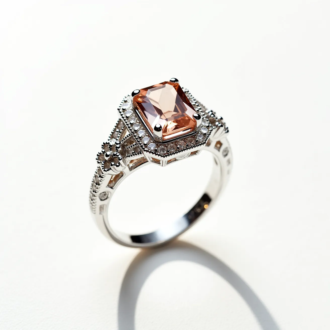 This gemstone engagement ring features a central rectangular cushion-cut peach-colored gemstone, elegantly set in a four-pronged setting. Surrounding the central gemstone, a halo of small round diamonds enhances its brilliance, adding a layer of sparkle. The band, likely crafted from white gold or platinum, is intricately designed with floral and milgrain details, giving it a vintage-inspired aesthetic. Additional small round diamonds are embedded into the band, contributing to the ring's overall elegance and refinement.