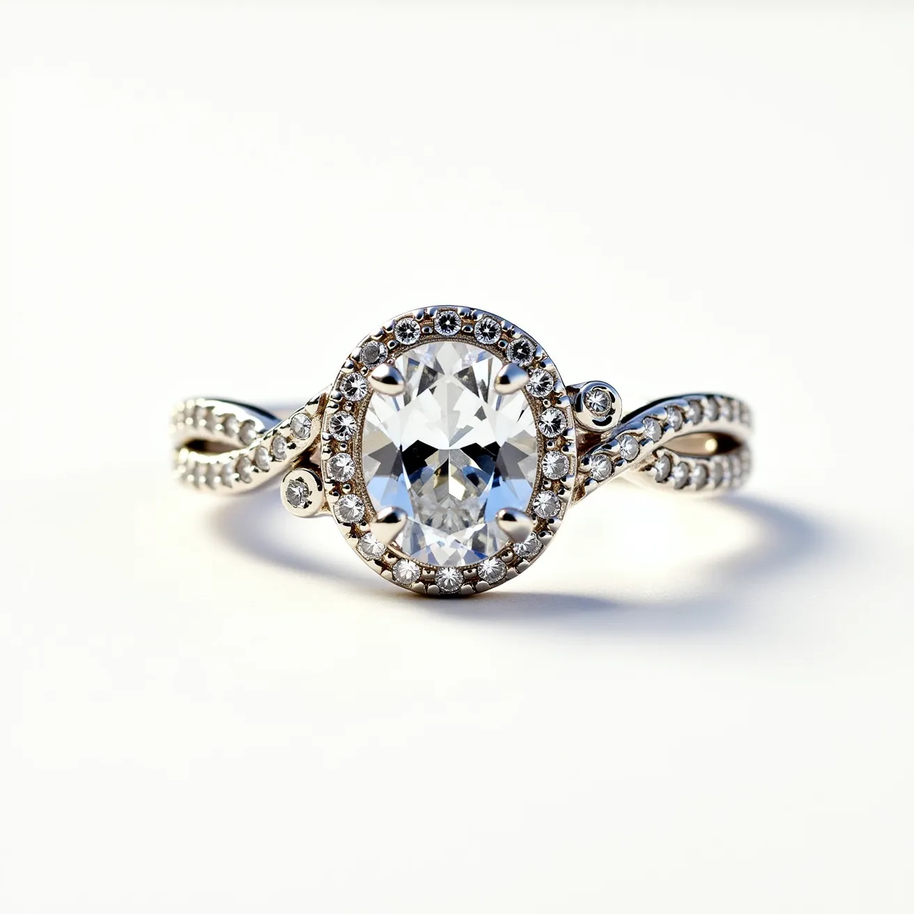 This gemstone engagement ring features a stunning oval-cut central diamond elegantly set in an intricate halo setting. Surrounding the central stone, smaller round-cut diamonds are meticulously placed along the border, enhancing the overall brilliance of the piece. The band showcases a twisted design adorned with additional round diamonds, adding a touch of sophistication and sparkle. The setting and band are crafted from a polished white metal, likely white gold or platinum, providing a sleek and modern finish. The prongs securely hold the central gemstone in place, ensuring both durability and style.