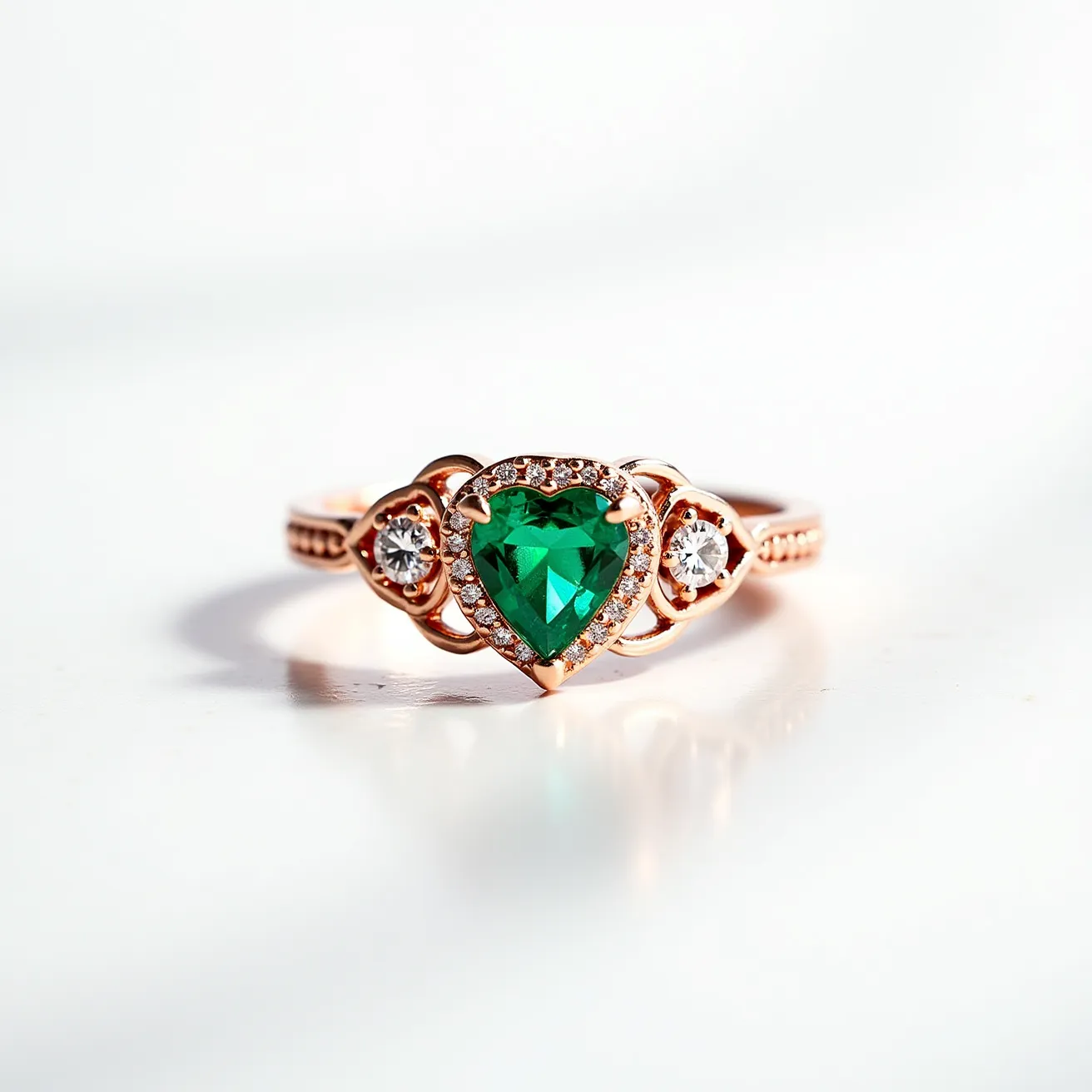 This gemstone engagement ring features a striking heart-shaped green gemstone as the centerpiece, set in a rose gold band. The central gem is bordered by a halo of small, sparkling diamonds, adding brilliance and enhancing its vibrant color. On either side of the primary stone are two round, clear gemstones, also encircled by smaller diamonds, seamlessly integrating into the elaborate design. The ring's band exhibits intricate detailing, further emphasizing its elegant and romantic feel. The setting and craftsmanship ensure the stones are securely attached, combining aesthetic appeal with durability.