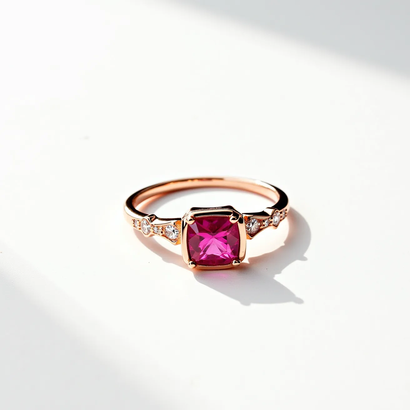 This gemstone engagement ring features a vibrant, cushion-cut pink gemstone as the centerpiece, elegantly set in a rose gold band. The central stone is held securely with a four-prong setting, highlighting its brilliance and color. On either side of the main gem, there are smaller round-cut diamonds, elegantly positioned in a tapered row that enhances the ring's overall symmetry and sparkle. The combination of the pink gemstone, diamonds, and rose gold creates a harmonious and luxurious design that is both modern and timeless.