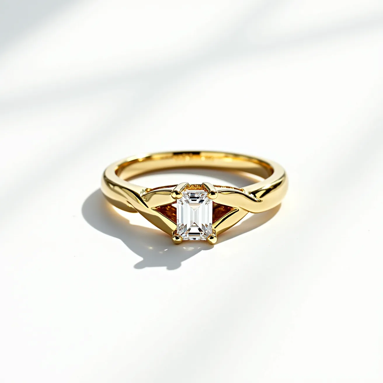 This gemstone ring features a striking emerald-cut diamond set in a polished yellow gold band. The diamond is secured with a four-prong setting, allowing the stone to take center stage. The elegant design of the band includes gentle twists that add a modern touch to the classic solitaire style. The smooth finish of the yellow gold enhances the brilliance of the diamond, creating a timeless and sophisticated piece of jewelry.