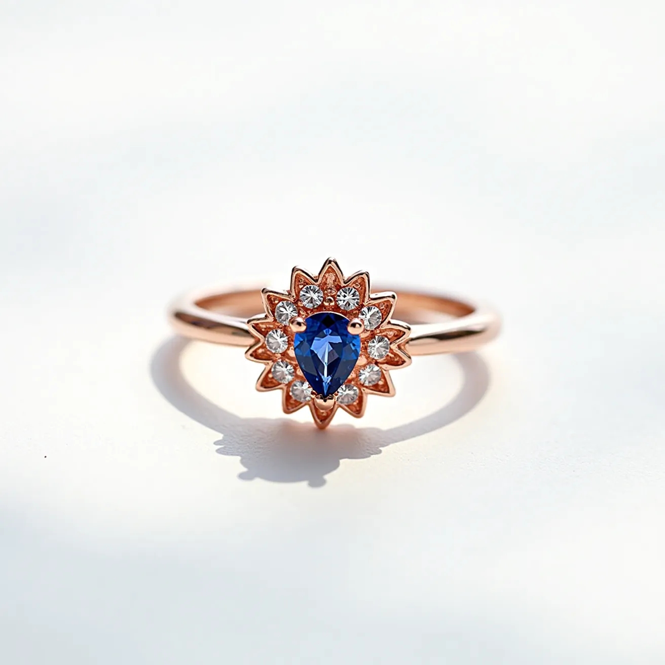 This gemstone ring features a central pear-cut sapphire, showcasing a deep blue hue. It is surrounded by a halo of small, round brilliant-cut diamonds arranged in a starburst design, all securely set in a rose gold band that adds a warm contrast to the stones. The setting is intricate, with each diamond encased in its own individual bezel, enhancing the overall sparkle of the piece. The band is smooth and polished, providing a comfortable fit, and lacks any additional clasps or attachments, emphasizing the ring's elegance and simplicity.