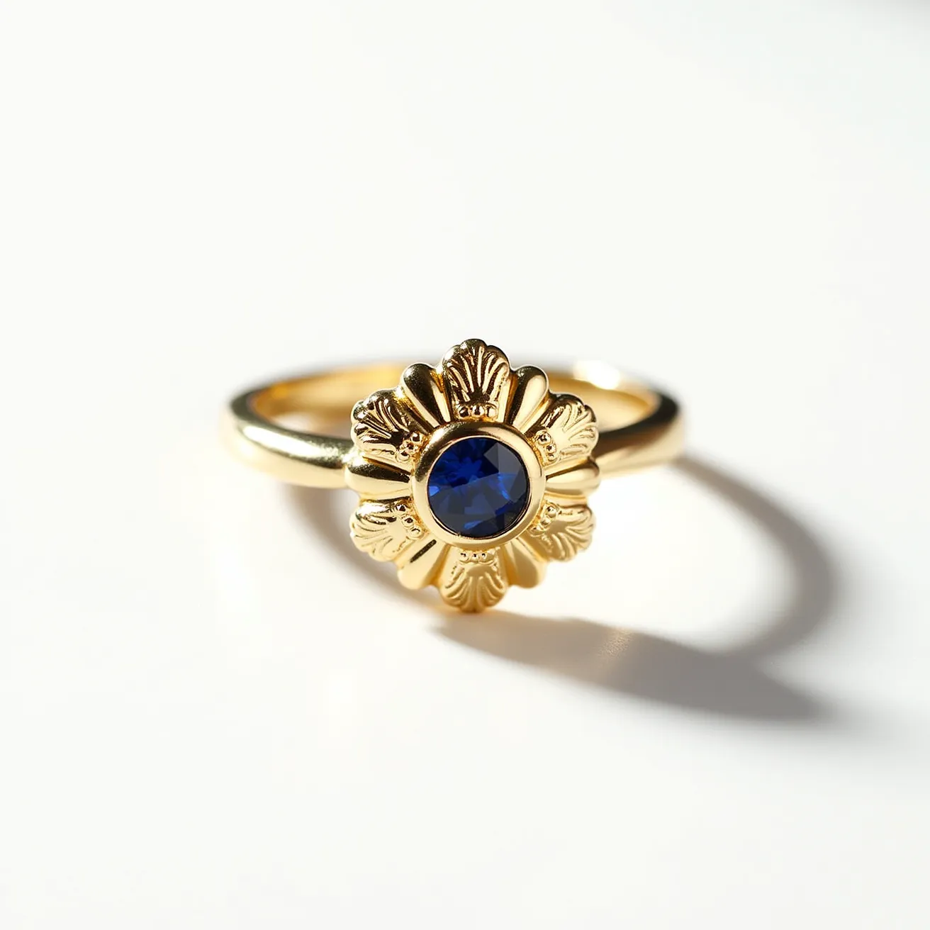 This gemstone ring features a central round-cut blue gem, likely a sapphire, set in a bezel setting. The stone is accentuated by a gold floral-shaped design, adding decorative elements around the gemstone. The ring itself appears to be made of gold, adding a luxurious and elegant touch to the overall appearance. The band is smooth and polished, providing a classic look that complements the intricate details of the centerpiece. Overall, the ring exhibits a harmonious blend of simplicity and ornateness, highlighting the vibrancy of the central gemstone.