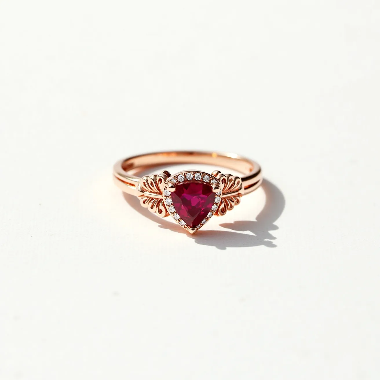 This gemstone ring features a striking, triangular-cut ruby as its centerpiece, surrounded by a delicate halo of smaller round diamonds, enhancing its allure and brilliance. The ruby is securely set in a rose gold band, which complements the deep red hue of the stone with its warm tones. Ornate detailing flanks the ruby, adding a vintage-inspired touch to the overall elegant design. The setting ensures the gems are both highlighted and protected, making the ring both beautiful and durable. The band is smooth and polished, providing comfort and style suitable for various occasions.