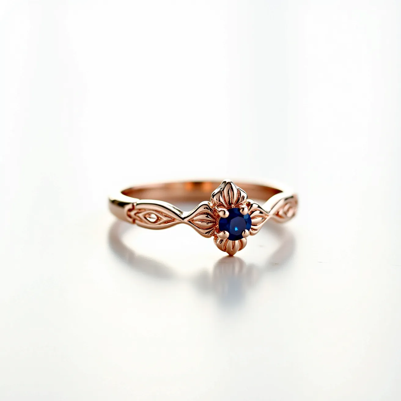 This gemstone ring features an elegant, intricately designed band made of rose gold with delicate engravings. The centerpiece is a captivating deep blue sapphire, cut in a round shape and securely set in a floral-inspired prong setting that accentuates the gem's rich color. The ring's design seamlessly blends the vintage charm of the metalwork with the modern sophistication of the sapphire, creating a timeless piece. There is no visible clasp, as the ring's design is continuous and meant to slip onto the finger.