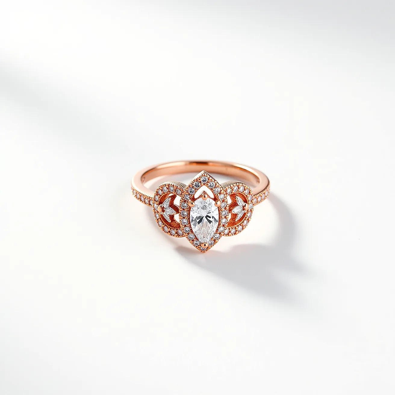 This gemstone ring features a marquise-cut central stone, likely a diamond, set in a rose gold band. Surrounding the central gem is a halo of smaller round-cut gemstones, enhancing its brilliance and forming an intricate design that adds elegance and visual interest. The band itself is finely detailed with additional small stones, providing a cohesive and luxurious appearance. The setting showcases a vintage-inspired style with milgrain detailing, contributing to the ring's sophistication and charm.