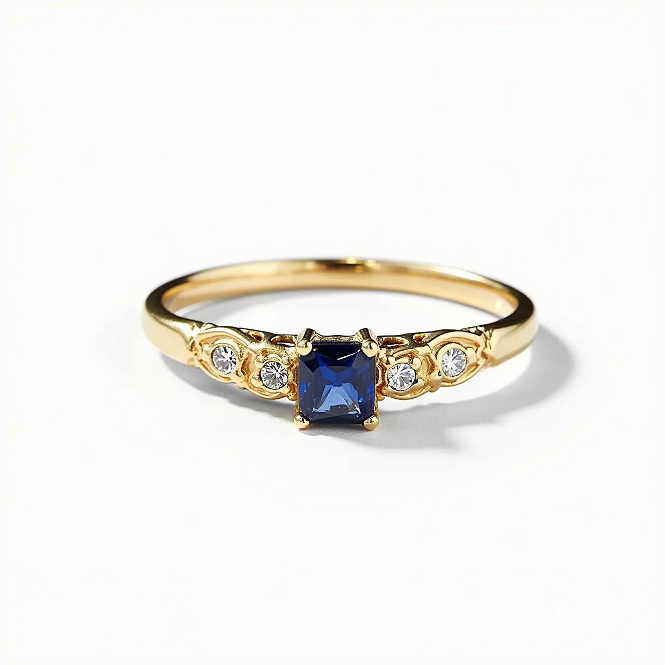 This gold ring features a central rectangular-cut blue stone, likely a sapphire, set in a four-prong claw setting, showcasing its vibrant color and elegance. Adorning either side of the central stone are smaller round white stones, possibly diamonds, set in a simple yet elegant bezel or prong setting. The gold band itself is smooth and polished, adding a touch of refinement to the overall design. The carefully crafted settings highlight the stones while providing a secure attachment to the band, enhancing the ring's sophisticated aesthetic.