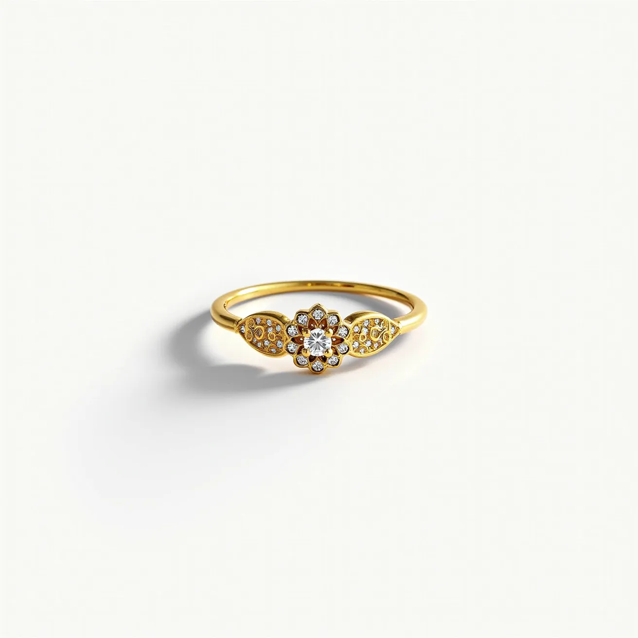 This gold ring showcases a delicate design crafted from a polished gold band. At its center, the ring features a floral motif adorned with a central round-cut diamond, which is elegantly encircled by smaller accent diamonds, creating a sparkling cluster. The diamonds are set in a prong setting that enhances their brilliance. Flanking the central design are two leaf-shaped elements, each embellished with additional small diamonds, adding an intricate touch to the overall design. The ring’s craftsmanship is highlighted by its balanced composition and the secure setting of the stones, ensuring both beauty and durability.