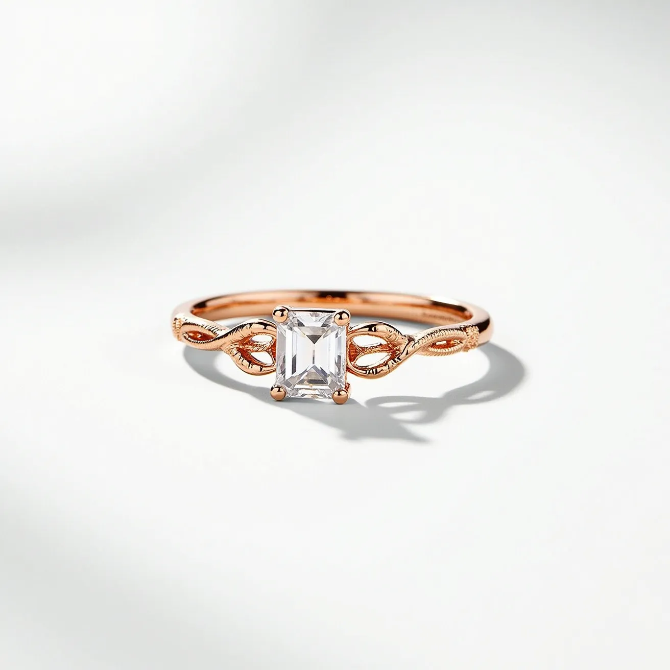 This gold ring features a delicate band crafted from rose gold, showcasing intricate designs resembling small leaves along the sides of the shank. At the center is an emerald-cut clear gemstone, securely held in place by four prongs. The gemstone sits prominently in a solitaire setting, emphasizing its transparent brilliance and clean lines. This elegant combination of metalwork and gemstone design creates a sophisticated and timeless piece of jewelry.