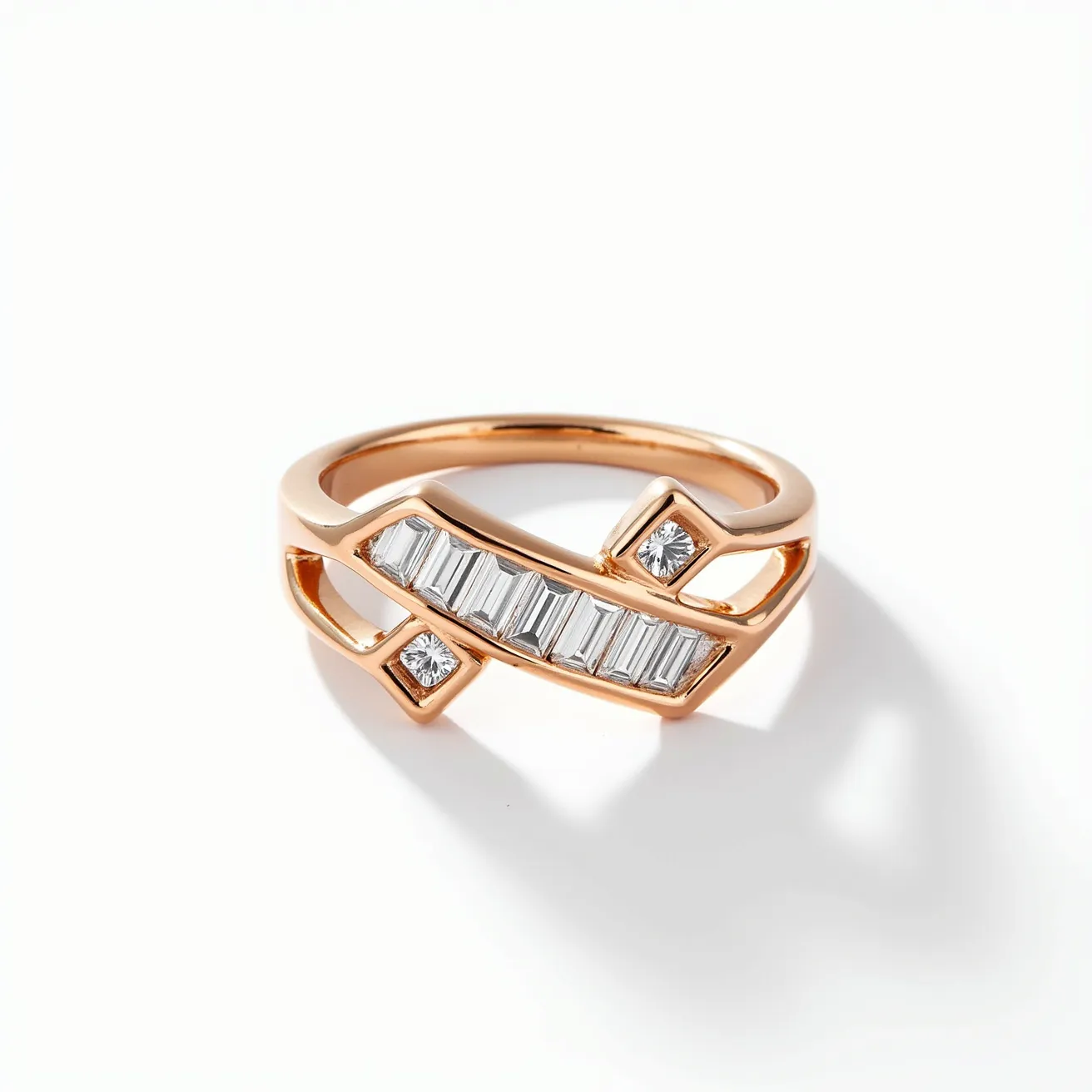 This gold thumb ring features an elegant design with a warm, polished gold band. The centerpiece boasts a series of baguette-cut gemstones arranged in a sleek, linear pattern, secured in a channel setting that accentuates their clarity and form. At each end of the baguette arrangement, round brilliant-cut stones are beautifully set in square frames, adding depth and brilliance. The combination of these stones with the gold creates a harmonious and luxurious appearance, perfect for both casual wear and sophisticated occasions. The band is smooth and seamless, offering comfort and style in a distinguished manner.