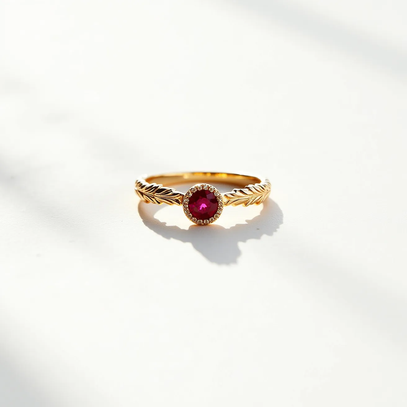 This gold thumb ring features an intricately designed band, incorporating a leaf-like pattern that enhances its elegance. At the center, a round-cut, deep red gemstone—likely a ruby or garnet—commands attention. The stone is surrounded by a halo of small, sparkling diamonds, accentuating its vibrant color and adding a touch of brilliance. The ring has a classic setting that secures the central gemstone, emphasizing its prominence without additional clasps or attachments.