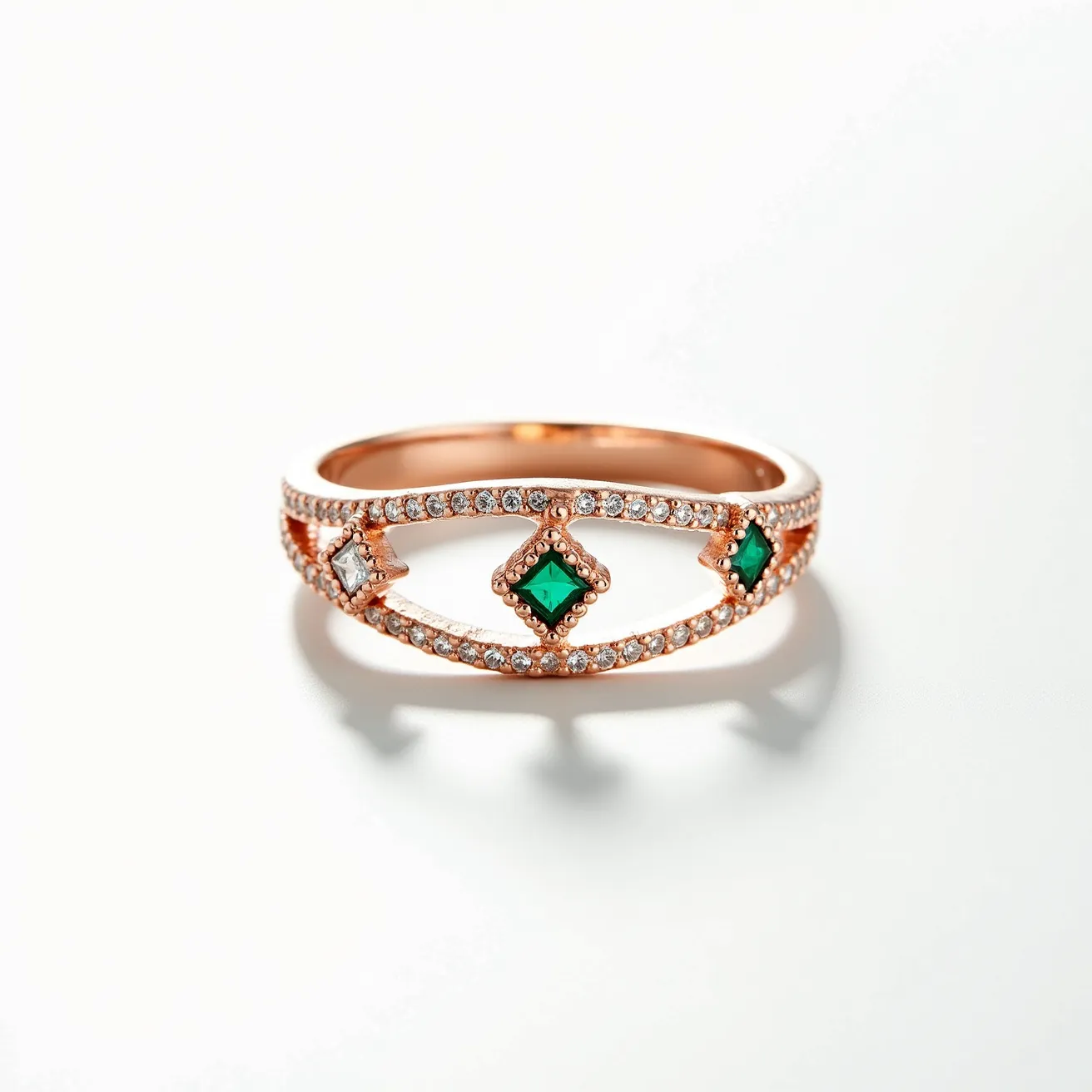 This gold thumb ring features a beautifully intricate design embellished with green stones and clear gemstones. The ring is crafted from a rose gold metal base that elegantly supports a lattice structure. Embedded within the design are square-cut green stones strategically placed at intervals, each bordered by small clear stones that enhance their vivid color. These stones are securely set in a prong setting, ensuring stability and adding a touch of sophistication. The ring's open design allows for a comfortable fit, while the continuous row of clear stones along the edges adds a shimmering effect to the overall aesthetic.