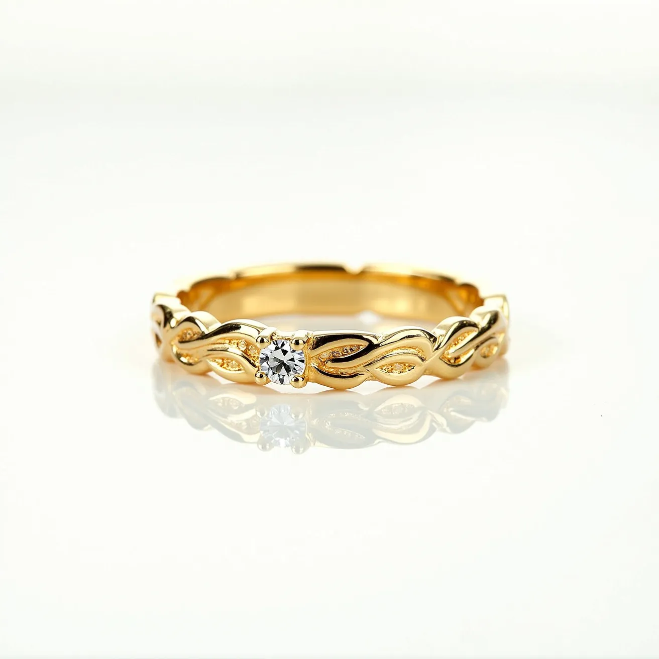 This gold wedding band features a sleek and elegant design crafted from polished gold, with intricate weaving patterns along the band. At its center, a single round-cut diamond is prong-set, offering a striking focal point and adding a touch of brilliance to the ring. The continuous weaving motif enhances the band's unique aesthetic, while the diamond's precise setting ensures it is both secure and prominently displayed.