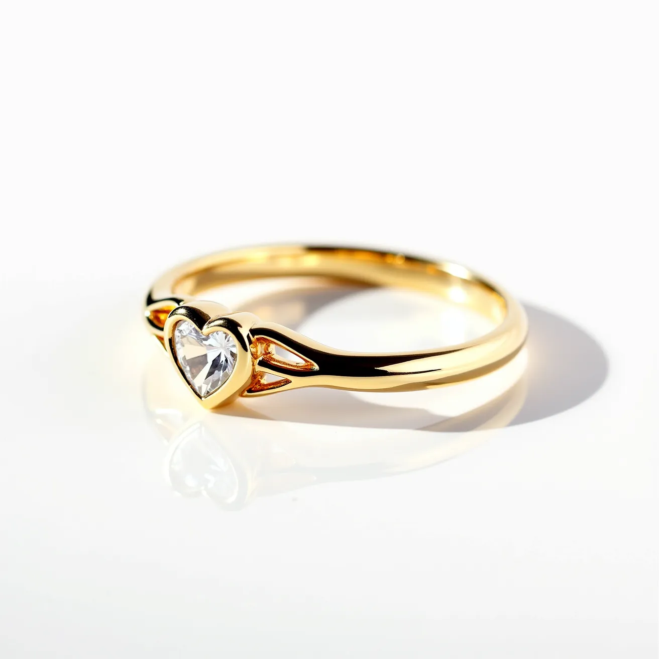 This gold wedding band features a sleek and elegant design crafted from polished yellow gold. At its center, a heart-shaped gemstone is prominently set, with the stone held securely in a bezel setting, enhancing its brilliance and adding a touch of romance to the ring. The band itself is smooth and rounded, allowing for comfortable wear, while the simplicity of the design highlights the beauty of the heart-shaped gem. This ring does not feature any additional clasps or attachments, focusing attention on the central stone and the graceful metalwork that surrounds it.