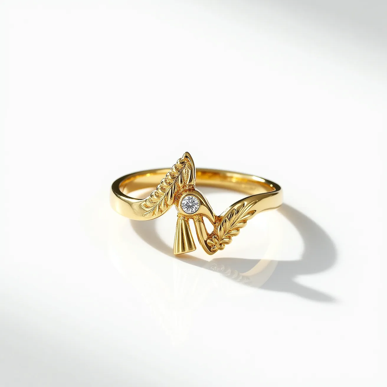 This golden bird ring features a beautifully crafted bird motif with intricately designed feathers, made from a lustrous gold material. At the center of the design, there is a single round-cut gem, most likely a diamond, set in a prong setting that enhances its sparkle. The ring does not have a visible clasp or attachment, as it is a continuous band designed to slip onto the finger easily. The overall craftsmanship highlights both elegance and attention to detail, making it a striking piece of jewelry.