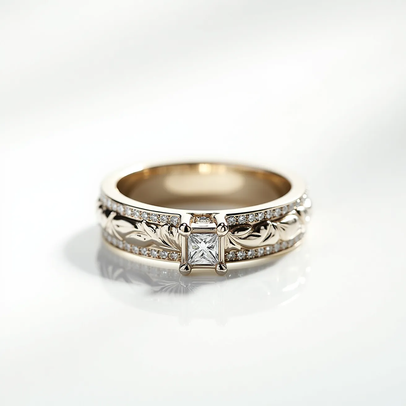 This groove ring features an elegant design crafted from a polished metal, possibly gold, demonstrating a luxurious appearance. Centrally set is a square-cut gemstone, likely a diamond, held securely by a classic four-prong setting, which showcases the stone's brilliance. The ring is further adorned with smaller, round-cut stones lining the upper and lower edges, adding extra sparkle and sophistication to the overall design. There are no visible clasps or attachments, emphasizing the ring's seamless design and focus on the central and accent stones.