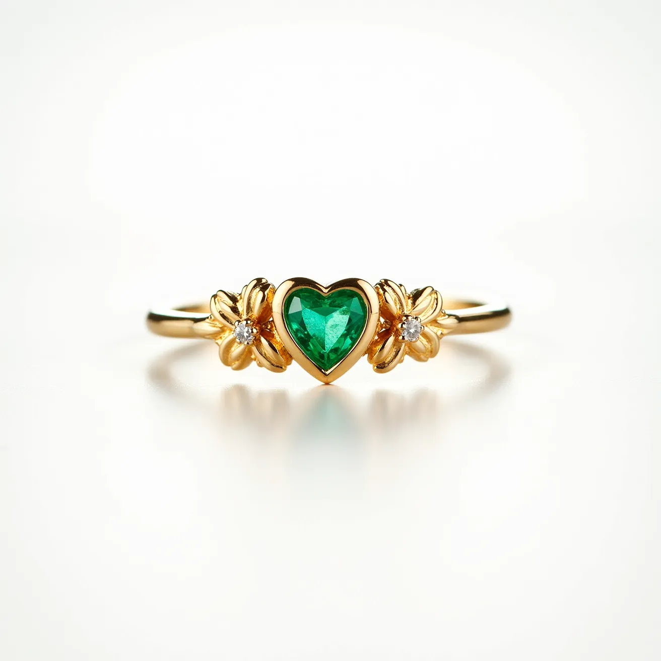 This heart promise ring features a striking heart-shaped green gemstone, likely an emerald, that is set in a gold bezel setting. The centerpiece is flanked by intricate floral motifs on each side, crafted from the same gold material, adding a touch of elegance to the design. Each flower holds a small, round-cut diamond at its center, introducing a subtle sparkle. The ring is crafted with a delicate gold band that complements the ornate styling, giving it a harmonious and romantic appeal.