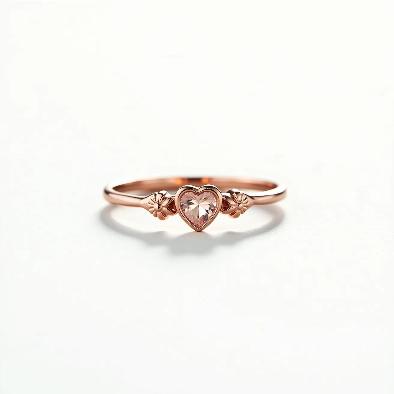 This heart promise ring features a delicate design made from rose gold, with a central heart-shaped gemstone that is subtly set in a secure bezel setting. The gemstone, likely a light pink sapphire or similar stone, showcases a brilliant facet cut, enhancing its sparkle. Flanking the heart stone are two small floral accents, intricately integrated into the band, adding a charming and romantic detail to the ring's overall aesthetic. The band itself is slender and smooth, offering a timeless look that complements the delicate features of the ring.