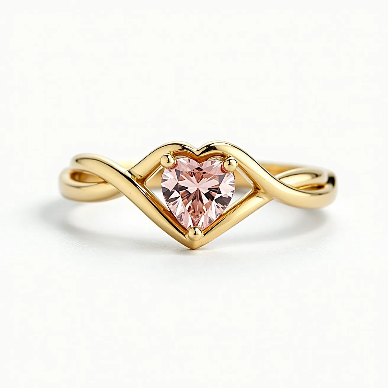 This heart promise ring features a beautifully designed band crafted from polished yellow gold. At its center, a heart-shaped gemstone is elegantly set, showcasing a pink hue and a brilliant cut that enhances its sparkle. The stone is secured with a classic three-prong setting, seamlessly integrated into the organic flow of the ring's design. The band itself forms a graceful, interwoven pattern that complements the heart motif and adds a touch of sophistication to the overall aesthetic.