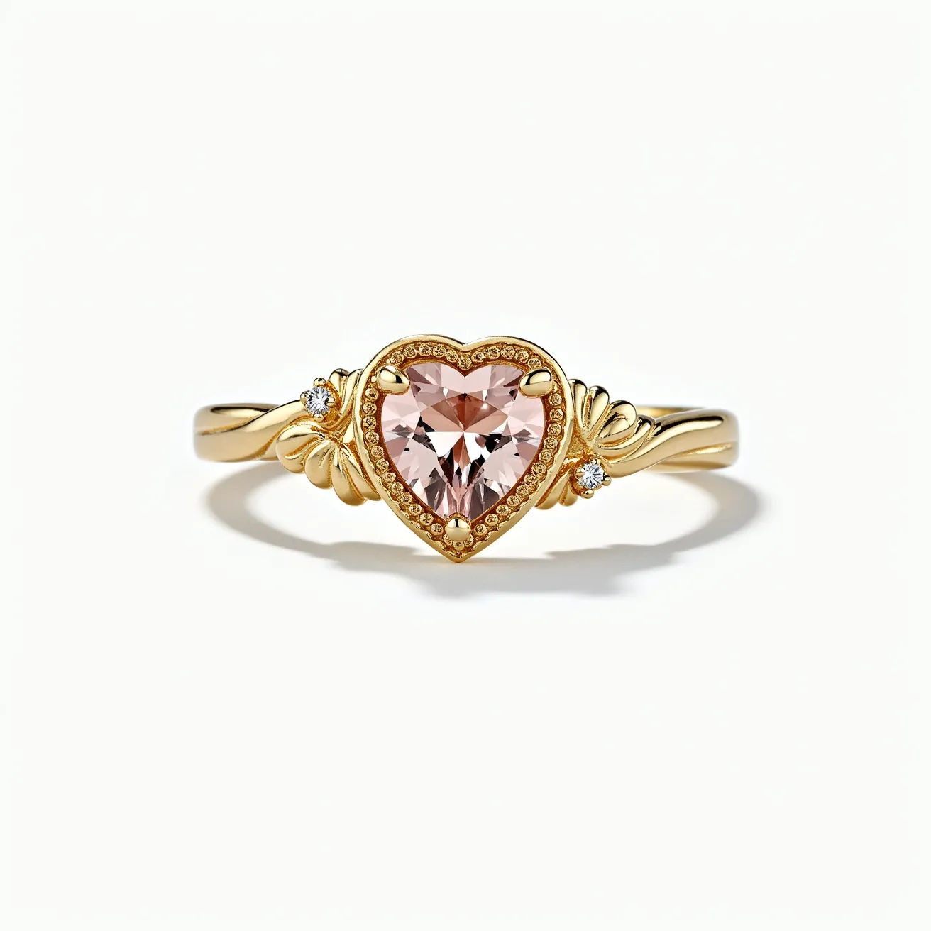 This heart promise ring features a delicate design crafted from gold, showcasing a central heart-shaped gemstone with a soft pink hue, likely a morganite. The gemstone is held in place by a prong setting, surrounded by intricate detailing that adds elegance to its appearance. Flanking the central stone are small, round diamond accents set within ornate, leaf-like designs, enhancing the overall aesthetic with subtle sparkle. The band has a polished finish, complementing the luxurious feel of the ring, and is seamlessly connected without any visible clasps or attachments.