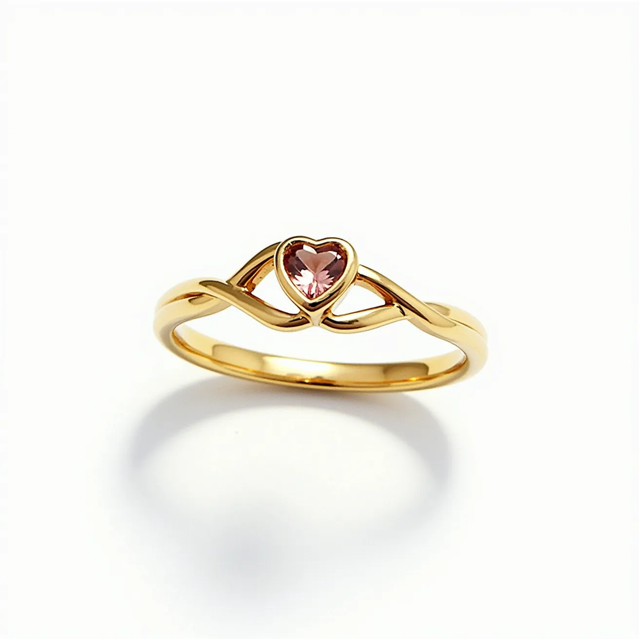 This heart promise ring features a delicate design highlighted by a heart-shaped gemstone set at the center. The gemstone, a pink stone, is expertly cut to enhance its brilliance and is secured in a classic bezel setting. The band of the ring is crafted from a polished gold metal, which elegantly intertwines in a graceful, flowing style. The overall aesthetic is both romantic and timeless, making it a perfect symbol of love and commitment.