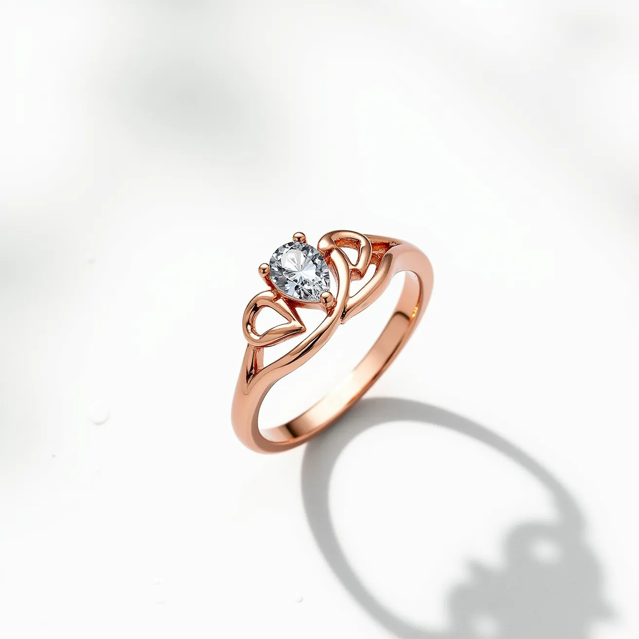 This heart ring features a delicate rose gold band designed with two heart-shaped motifs flanking a central gemstone. The gemstone, a round brilliant cut diamond, is set in a classic prong setting that enhances its sparkle and catches the light beautifully. The band’s gentle curve integrates elegantly with the heart motifs, adding a romantic touch. Its polished finish gives it a luxurious feel, and the thoughtful arrangement of elements highlights both elegance and sentimentality.