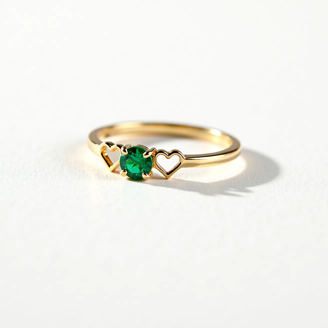 This heart ring features a sleek gold band adorned with a central green gemstone. The stone, likely a round-cut gem, is securely set in a prong setting, allowing light to pass through and enhance its vibrant hue. Flanking the gem on both sides are delicate heart-shaped elements also crafted from gold, adding a charming and romantic touch to the overall design. The ring's minimalist yet elegant style makes it a versatile piece that can complement various outfits and occasions.