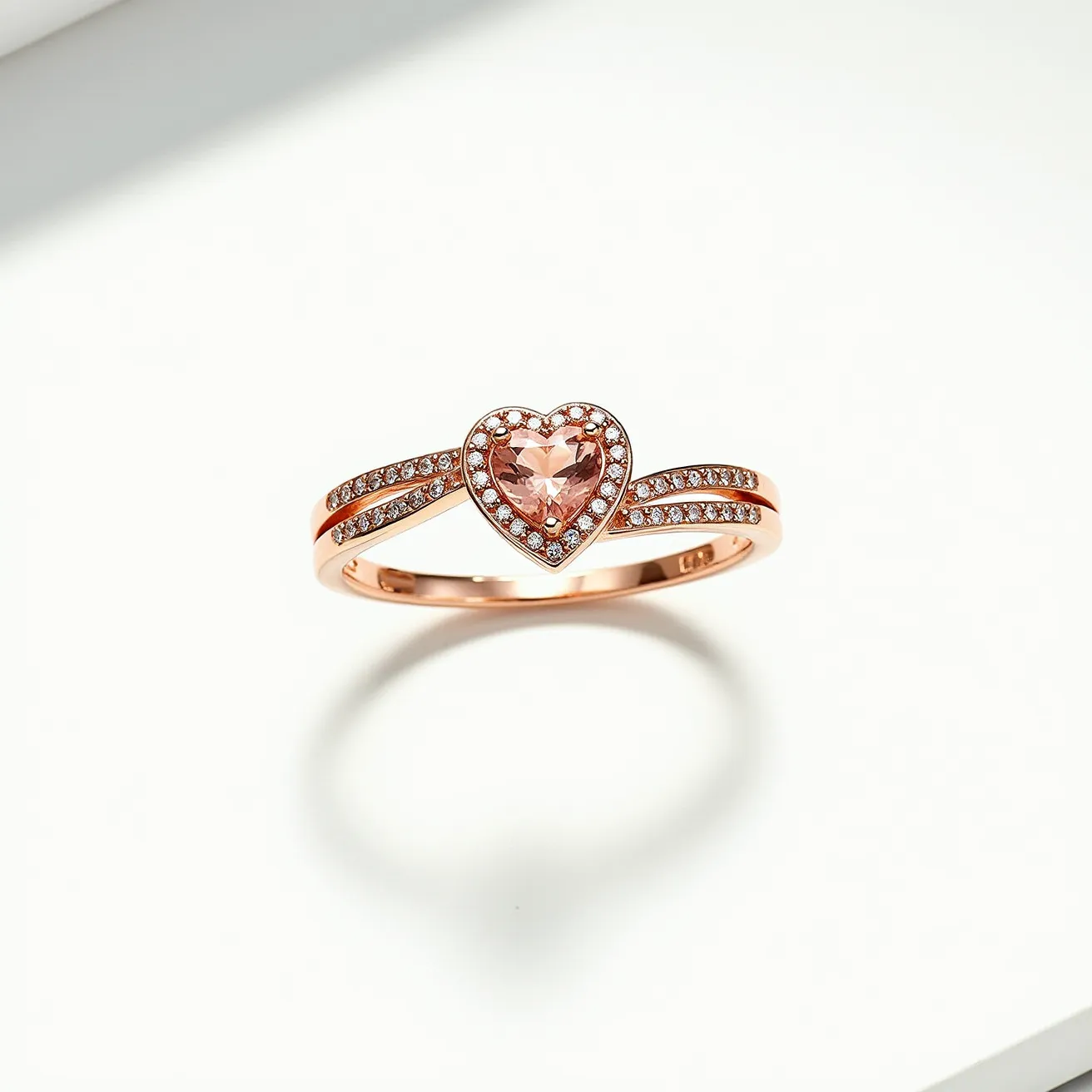 This heart ring features a central, heart-shaped gemstone with a pink hue, which appears to be a morganite or similar stone, set in a prominent prong setting. Surrounding the main gem is a halo of small, clear, round-cut stones that add extra sparkle to the design. The band is crafted from a rose gold material, enhancing the warmth of the central stone. The band splits into two as it approaches the centerpiece, with each arm adorned with a line of small matching stones, continuing the elegant theme. The overall design showcases a blend of romantic and contemporary styles, suitable for various occasions.