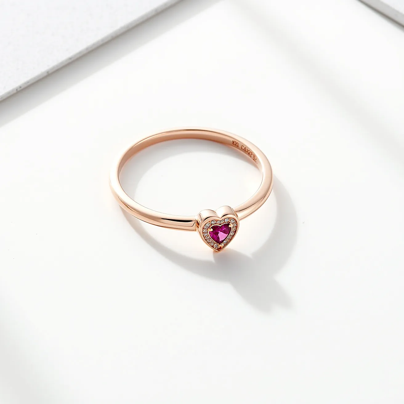 This heart ring features a delicate band crafted from rose gold, which adds a warm and elegant touch to the design. At its center, the ring showcases a heart-shaped gemstone, likely a ruby or a similar pink stone, possessing a brilliant, faceted cut that enhances its sparkle. Surrounding the central gem is a halo setting, possibly adorned with small diamonds or clear stones, amplifying the ring's brilliance and sophistication. The design integrates seamlessly, with the gemstone securely enclosed in the halo setting, ensuring both stability and elegance.