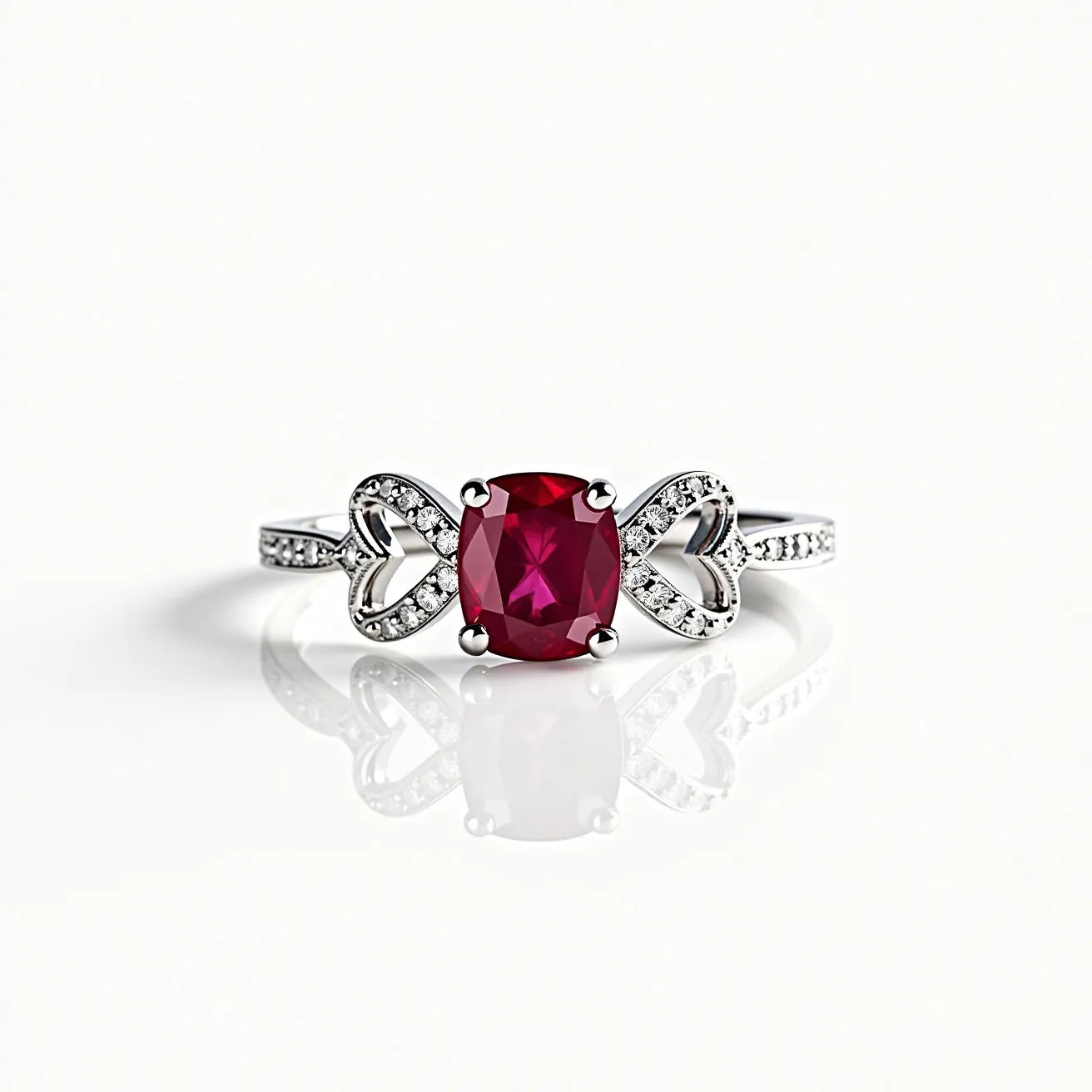 This heart ring features a central cushion-cut red gemstone, likely a ruby, set in a four-prong setting. The band is crafted from a metal that appears to be silver or white gold, enhancing the overall elegance. Flanking the central stone are intricate heart designs encrusted with small, round-cut, clear stones, possibly diamonds, set in a pavé style. The band itself is delicate and complements the central design, creating a graceful and romantic aesthetic.