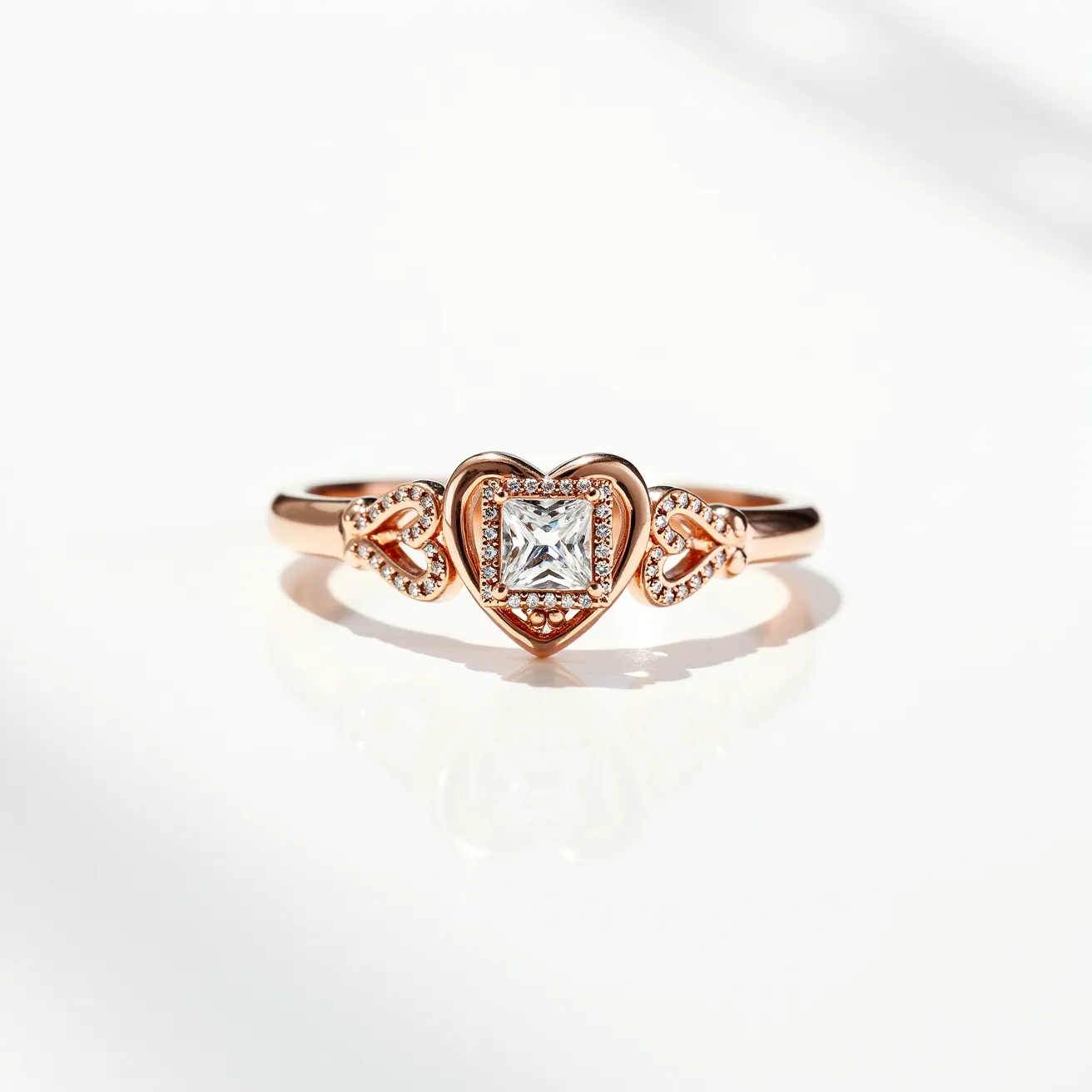 This heart wedding ring features a rose gold band, elegantly designed with delicate heart shapes embellishing the sides. At its center, a square-cut gem, likely a diamond, is securely set in a bezel, surrounded by a halo of smaller round stones that enhance its sparkle. The ring's artistic design creates a romantic and sophisticated look, with a smooth, continuous band that ensures comfort and durability.