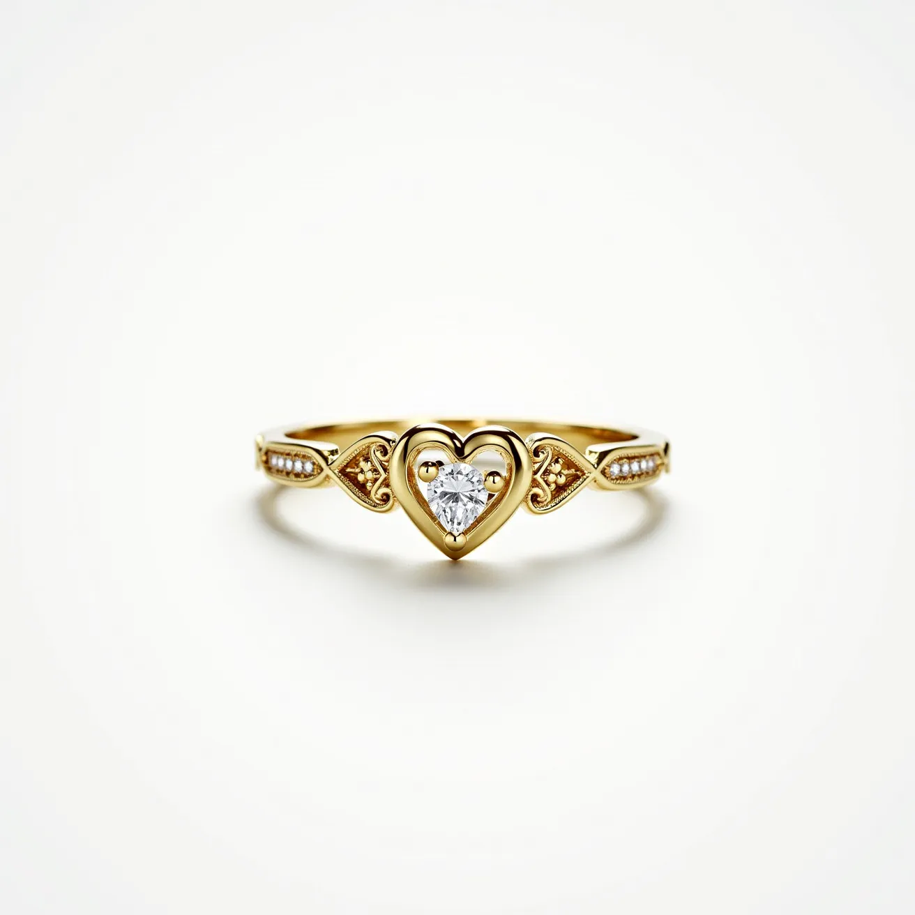 This heart wedding ring features a central heart-shaped diamond set in a gold band. The diamond is carefully placed within an intricate heart-shaped setting that enhances its sparkle. Surrounding the central stone are delicate, decorative engravings that give the ring a romantic and vintage look. The band itself is adorned with a row of small, round diamonds embedded along its sides, adding extra brilliance and elegance to the piece. The overall design combines classic and intricate elements, making it a standout choice for a wedding ring.