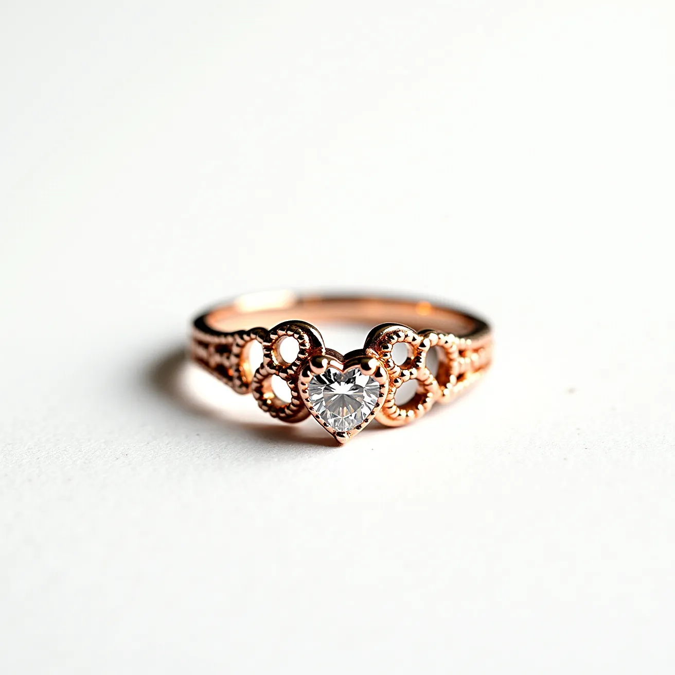 This heart wedding ring features a central heart-shaped gemstone, likely a diamond, which is elegantly set in a prong setting to showcase its brilliance. The band appears to be crafted from rose gold, adding a warm and romantic hue to the piece. The design incorporates intricate detailing with openwork heart motifs, enhancing its delicate and ornate appearance. The ring does not have any visible clasps or additional attachments, allowing the heart-shaped gemstone to remain the focal point of this exquisite piece.