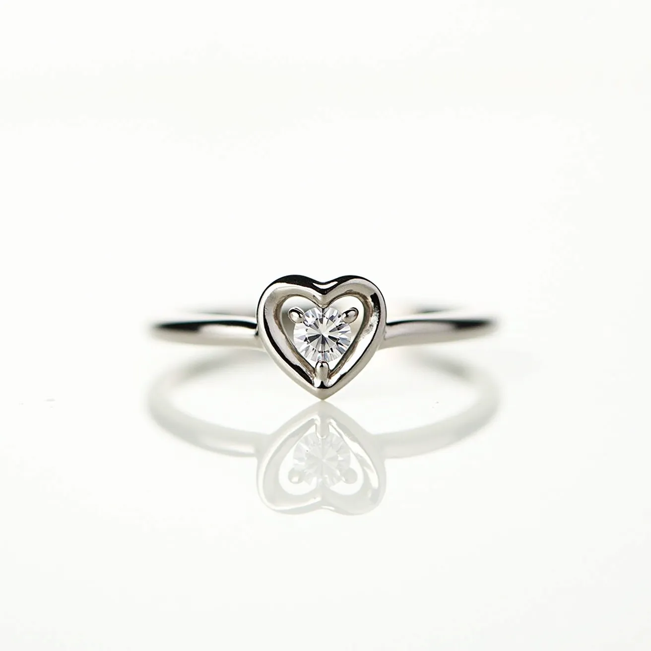 This heart wedding ring features a sleek, polished band made of what appears to be a white metal, likely white gold or platinum. The centerpiece of the ring is a heart-shaped setting that frames a single, round-cut diamond. The diamond is held securely within the heart using a classic prong setting, allowing for maximum light reflection and brilliance. The design is elegant and minimalist, emphasizing the symbolic heart shape and the diamond's sparkle without any additional embellishments or attachments.