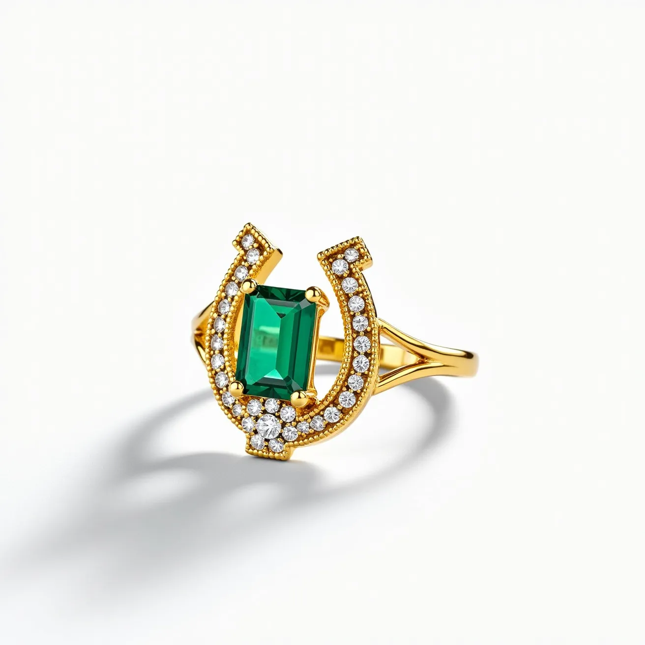 This horseshoe ring features a lustrous gold band elegantly shaped to form a horseshoe design. At the center of the horseshoe lies a striking emerald-cut green gemstone, securely set with four prongs. Surrounding the center stone, the horseshoe is adorned with round brilliant diamonds that enhance the ring’s sparkle and elegance. The band splits gracefully, adding to its intricate design and providing a balanced and structured appearance. The combination of vibrant green and the brilliance of the diamonds creates a visually captivating and refined piece.